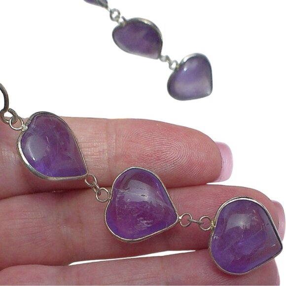 Amethyst Crystal Heart Dangle Earrings Sterling Silver Handmade - Picture 4 of 5